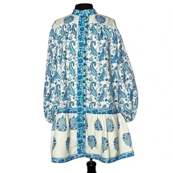 BEULAHSTYLE  Annabelle Paisley Print Button Front Midi Blue White Dress Size L - Picture 1 of 9